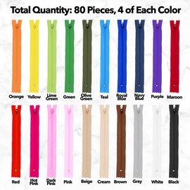 Mandala Crafts 14 Inch 20 Assorted Colors Nylon Zippers for Sewing - 80 Colorful Zippers Replacement Sewing Supplies in Bulk for Tailor, Clothing Repair, and DIY Projects