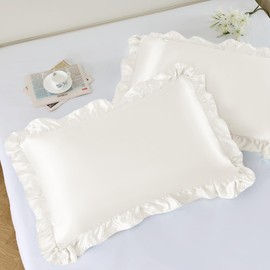 NSGZ Ruffled Satin Pillowcase Set of 2, Standard Size Silky Pillow Shams for Hair and Skin Care, Ivory White Satin Pillow Covers with Envelope Closure, Anti Wrinkle Pillow Cases for Classic Room Decor