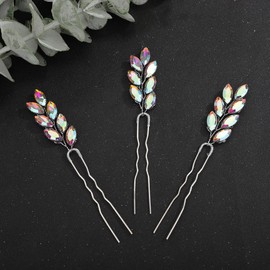 Teyglen 3pcs Crystal Bridal Hair Pins Rhinestone Hair Pieces Bride Wedding Hair Accessories Vintage Blue Red Green Rhinestone Hair Pins for Women Girls Party Prom (Ab Color)