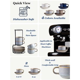 Gomakren 6 Ounce Cappuccino Cups with Saucers and Metal Stand, Stackable Coffee Cup Set of 4, Christmas Porcelain Espresso Cups for Coffee Drinks, Cappuccino, Latte, Americano, Tea, Gray