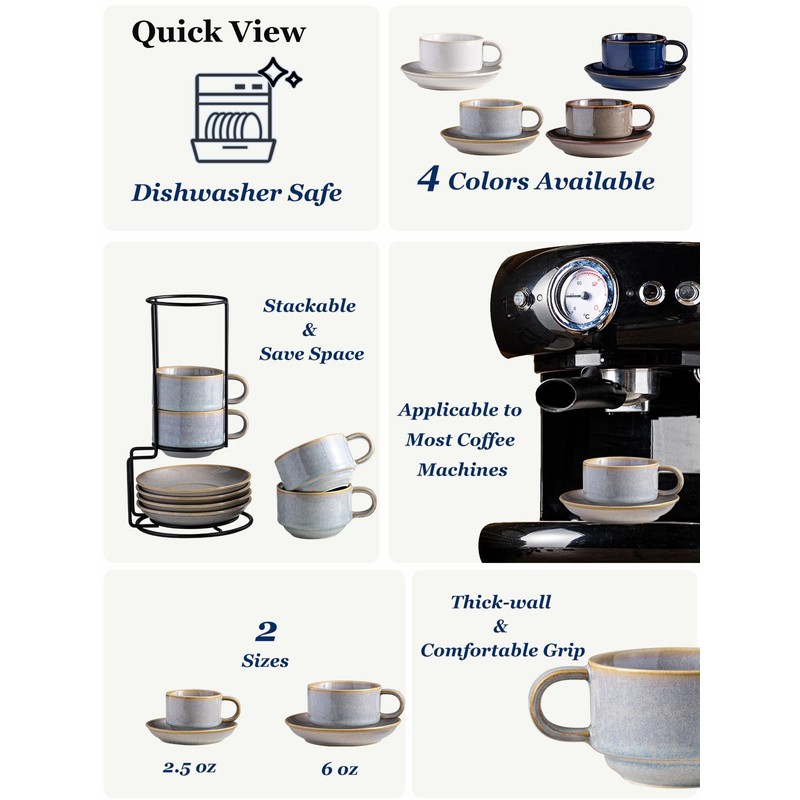Gomakren 6 Ounce Cappuccino Cups with Saucers and Metal Stand,