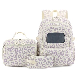 Lreneilu 3PCS Corduroy School Backpack for Teen Girls Kids, Bookbag Set with Lunch Box and Pencil Pouch for Elementary Middle High School Back Pack (Leopard Purple)