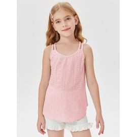 Girls Eyelet Flowy Tank Tops Cute Summer Spaghetti Strap Tops Kids Fashion Embroidery Sleeveless Shirts Pink