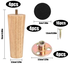 ZIOIYA Furniture Feet, Pack of 4, Wooden Slanted 15 cm Table Feet, Wooden Sofa Feet, Furniture Feet, Oak with Mounting Plates and Screws, Furniture Legs for Cabinets, Sofas, Tables and Chairs