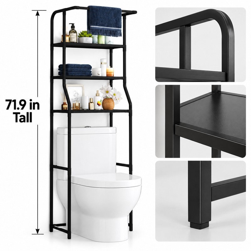 4-Tier Over Toilet Storage Rack with Basket – Freestanding Black