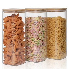 Glass Food Storage Jars 76 oz Set of 3,Glass Storage Containers Clear Glass Food Canister with Bamboo Lid Airtight For Serving Tea, Coffee, Flour, Sugar, Candy, Cookie, Spice and More (Square)