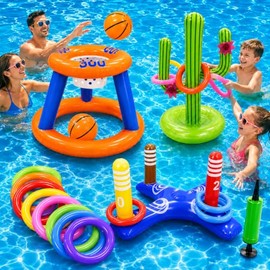 EOTOW Juego de Juguetes de Piscina, 13 Piezas de Juguetes de Agua, Anillo de Baloncesto de Piscina, Juego de Lanzamiento de Anillo Cruzado Inflable,  