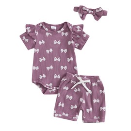 MERSARIPHY Newborn Baby Girls Summer Clothes Set Cute Bow Ribbed Knit Ruffle Sleeve Romper Shorts Headband Outfits (Purple, 3-6 Months)