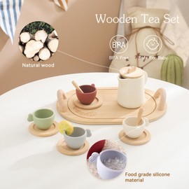 IEATFO Tea Party Set for Kids Wooden Tea Set for Little Girl and Boy Kid Play Kitchen Accessories Toy Dishwasher Safe Tea Set for Toddler Pretend Play Toddler Tea Set 3-5 Ideal Christmas Birthday Gift