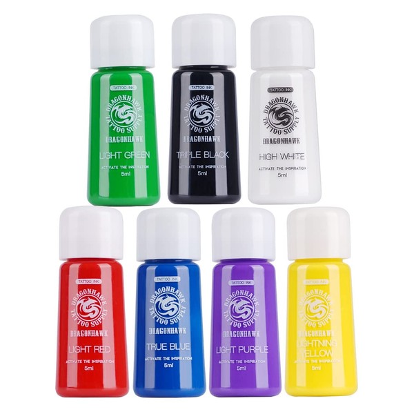 Dragonhawk Tattoo Ink Premium Tattoo Supply Great for Shading Made in USA - 5ml Bottle 7 Color Set