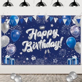 Happy Birthday Banner for Women Men - Birthday Decoration Blue Silver Birthday Banner Photo Backdrop Poster Extra Large Background for Children Girls Boys Birthday 110 × 180 cm