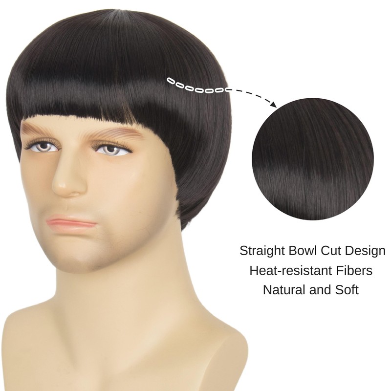 60s 70s Retro Black Bowl Cut Wig for Men Funny
