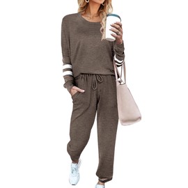 Ekouaer Sweatsuits Womens Loungewear Set Tracksuit Long Sleeve Pajamas Set with Pockets 2 Piece Outfits Lounge Sets Brown Large