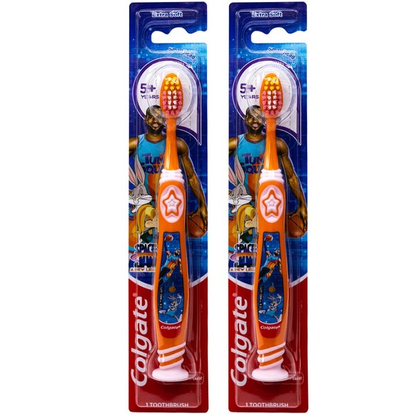 Colgate Space Jam - cepillo para polvo de dientes para niños, con ventosa, más de 5 años, extra suave (los colores varían), paquete de 2