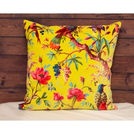 Riva Paoletti Paradise Square Cushion Cover Acacia Yellow Colourful Bird Print Velvet Fabric Machine Washable 100% Cotton 50 x 50cm (20" x 20" inches), Aracia