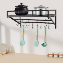 DYRABREST 24 Inch Wall Mounted Pot Rack with 10 Hooks, Heavy Duty Kitchen Storage Rack for Organizing Pots and Pans, Space Saving Iron Shelf for Home Cooks Kitchen Organizers