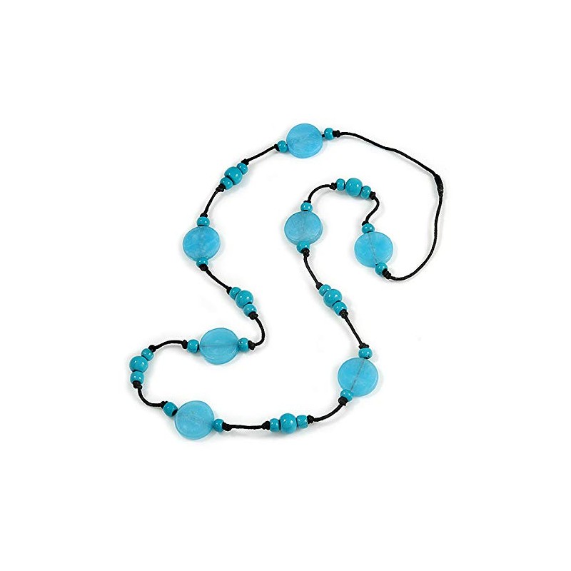 Avalaya Long Light Blue/Turquoise Wood and Resin Bead Black Cord