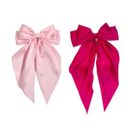2 Pcs Satin Hair Bows Clips Large Bowknot Hair Clips Long Tail Bow Hair Barettes Solid Color Bowknot Hair Accessories for Women Girls Pink Hot Pink