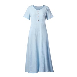 AUDATE Maxi Dress for Women Summer Linen Cotton Short Sleeve Dress Solid Loose Crew Neck Beach Long Dress Light Blue M