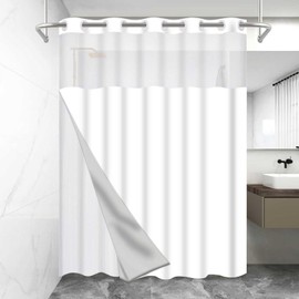 MOXDBT No Hook White Shower Curtain 71x74 Inch, Double Layer Water Proof Bath Curtain with Snap-in Liner, See Through Top Window, Hotel Style Luxury for Bathroom, Easy Machine Wash, Fits Standard Tubs