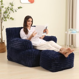 MOMCAYWEX Comfy Gaint Bean Bag Chair with Ottoman, Fluffy Huge Bean Bag Armchair for Adults and Teens, Dark Blue