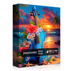 Violin Puzzles for Adults 1000 Pieces, Nature Sunset Beach Scenery Jigsaw Puzzles, Flower Seashell Starfish Puzzle, Beautiful Floral Musical Instruments Home Wall Decor