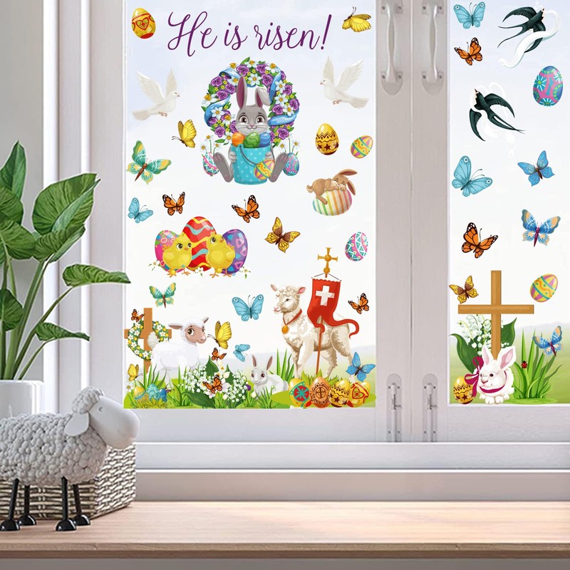 Easter Religious Decorations Window clings Cross Lambs Bunnies Flowers he