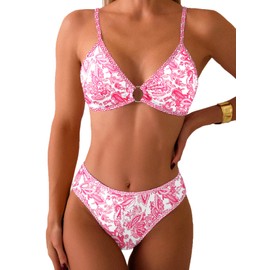 Fanuerg - Conjunto de bikini triángulo para mujer, traje de baño de dos piezas con estampado floral, Rosa (Hot Pink Floral), X-Small