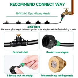 NFAMRZCAR Misters for Outside Patio, Misting Cooling System Anti Leak, 40FT (12M) Misting Line with 12 Brass Mist Nozzles and Adapter(3/4"), DIY Water Misters for Garden Greenhouse Fan BBQ Party Pool
