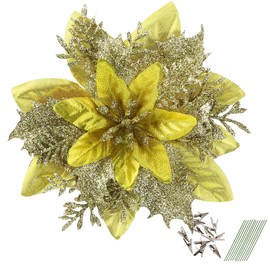 GREENTIME 12 Pcs Glitter Poinsettia Artificial Flowers Christmas with Clips Stems Xmas Tree Ornaments for New Year Party Stairs Fireplace Porch Balcony Garden Church Wreath Decoration (Yellow Gold)