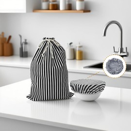 WDJLMLP Reusable Linen Bread Bag Set – Black & White Striped Sourdough Bread Bag (12 x 17.7 in) + Lined Bowl Cover (10 in Diameter) | Eco-Friendly Bread Storage & Dough proofing bowl cover