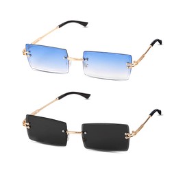 Kiiwah 2 Pairs Rectangular Rimless Sunglasses, Retro Ultra-Small Frame Sunglasses, Square Transparent Lens Sunglasses, Rimless Sunglasses, Blue, black