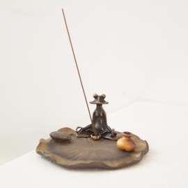 Frog-Vase Incense Holder,Rust-Glazed Rotus Ceramic Insence Stick Holder,Alloy Meditation Frog＆Mini Vase Ornament for Yoga/Meditation/Zen/Mindfulness (Large)