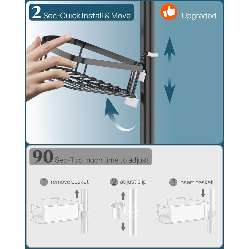 SEIRIONE Corner Shower Caddy Tension Pole, Rustproof Bathroom Shower Organizer
