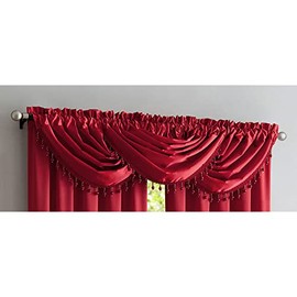 PREMIUS - Panel de bolsillo para barra de satén aplastado y cenefa de cascada con tratamientos decorativos de ventana con flecos, juego de cortina para tu hogar, todo se vende por separado (rojo,