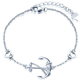 MicLee Women's Simple Bracelet 925 Sterling Silver Allergen-Free Anchor Heart Bangle Bracelet with Gift Bag Great Gift for Mother Girlfriend, Silver Silver Zirconia, Cubic Zirconia