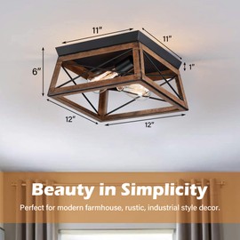 Pia Ricco Farmhouse Flush Mount Ceiling Light Fixture, Outdoor Porch Ceiling Lights, Rustic Industrial Style Square Close to Ceiling Light for Entry, Hallway, Kitchen, Patio, 2-Light, Brown