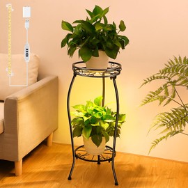 Dunkive Plant Stand indoor Outdoor 2 Tier 27" with Grow Light, Tall Metal Potted Holder Rack Flower Stand Rustproof Iron Heavy Duty Round Plant Shelf for Planter Corner Home Garden Balcony Patio