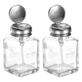 HARFINGTON 2PCS 4Oz / 120ML Glass Pump Dispenser Bottle Square Clear Liquid Pumping Press Push Down Alcohol Container with Metal Flip Cover for Makeup Remover