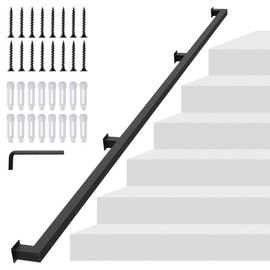 Dexcip 8FT Square Tube Handrail, Wall Mount Industrial Modern Staircase Railing for Indoor Outdoor Steps, 440lbs Load Capacity, Carbon Steel Non-Slip Grab Handle for Stairs Loft Porch, 3 Sections