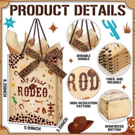 Weekgrat 50 Pcs My First Rodeo Birthday Party Favors Bags with Handles for Guest Western Cowboy 1st Birthday Gift Bag with Tissue Paper Ribbons Cowboy Candy Bag My First Rodeo Party Supply(Brown)