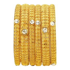 Efulgenz Gold Tone Indian Bangle Set for Women Engraved Floral White Crystal Bracelet Bangle Set Fashion Statement Jewelry Set For Women (6 Pcs), Size-2.4