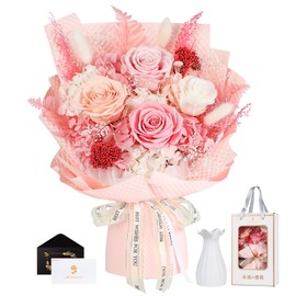 Roses Bouquet with Vase,Forever Bouquet Flowers, Eternal Preserved Real Rose, Gifts for Woman Wife Girlfriend,Gifts for her on Birthday, Anniversary, Valentine's Day, Mother's Day, Christmas（Pink)