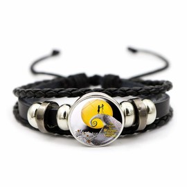 Jack and Sally Nightmare Before Christmas Beaded Adjustable Hand Woven Leather Bracelet Braided Punk Chain Cuff Moonlit Confession Jewelry Inspired Couple Matching Bracelets Promise Engagement