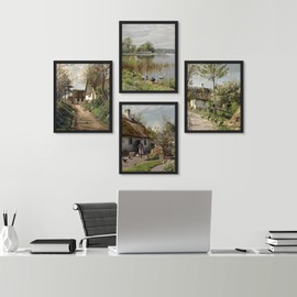 SIGNWIN Framed Poster Charming European Cottage Rustic Village Landscape Wilderness Nature Illustrations Decorative Country/Farmhouse Vintage for Living Room, Bedroom, Office - 11"x14"x4 Black