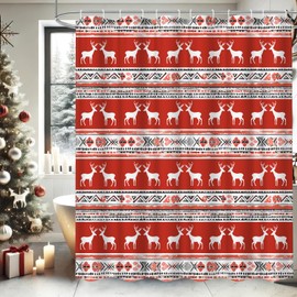 Classic Christmas Shower Curtain Farmhouse Fabric Xmas Elk Shower Curtain, Boho Red Christmas Shower Curtain for Bathroom, Vintage Reindeer Christmas Shower Curtain with Hooks 72" x 72"