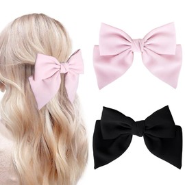 Large Hair Bows for Women Girls, Bmobuo Satin Double Layer Big Hair Bows Clips Bowknot Hair Barrette 2PCS Hair Clips for Women French Hair Accessories for Women Girls (Black, Pink)