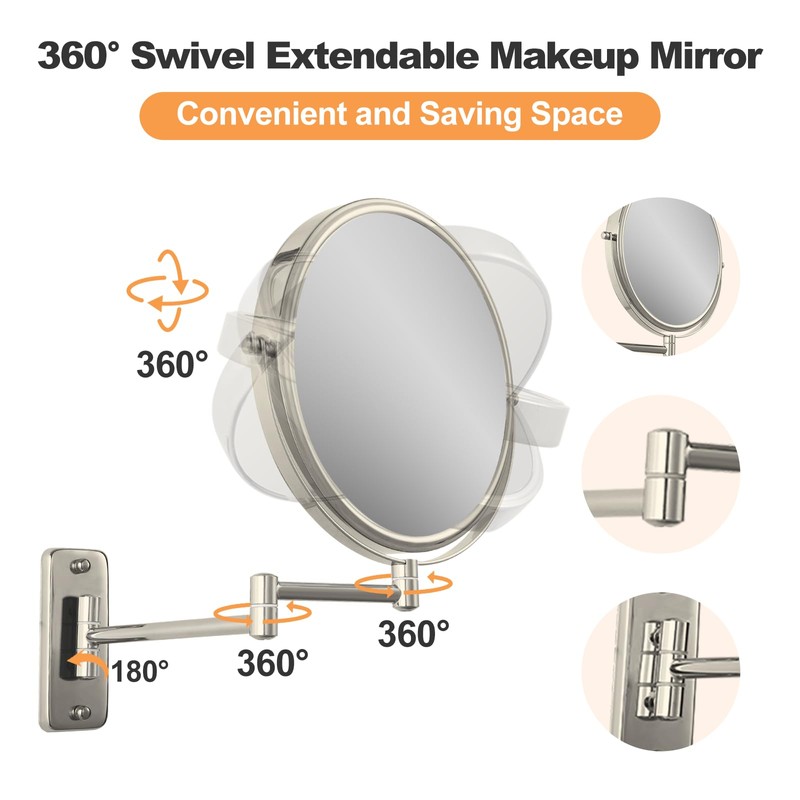 FFowcye 8" Wall Mount Magnifying Mirror, 1X/10X Double-Sided Makeup Mirror