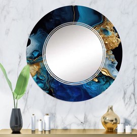 DesignQ abstract marble wall mirror, Oval Modern mirror, Round Blue bathroom mirror, Abstract Marble vanity mirror Golden and Azure Geode Marble IV printed mirror decor, round mirror 32 inch