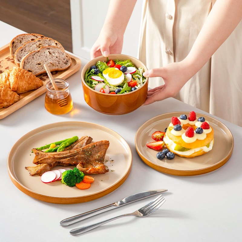 vancasso ONION Ceramic Plates and Bowls Sets, 12 Pieces Brown
